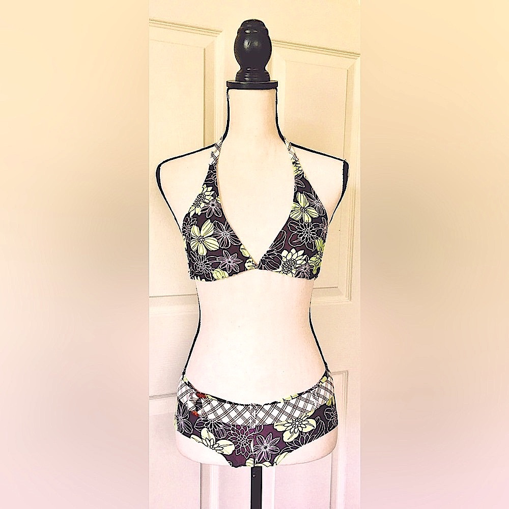 Green Floral & Brown Reversible Swimsuit Bikini: Plaid Pattern, Cheeky Bottoms